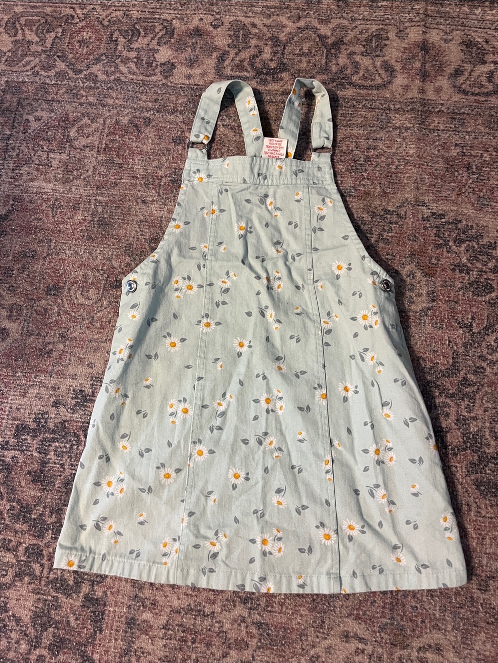 Light Green Blue Daisy Print Girls' Pinafore Denim Dress Jumper 6